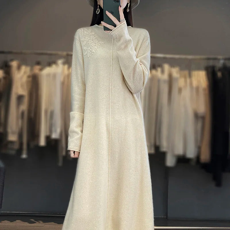 Women's Long Dresses 100% Cashmere and Wool Knit Jumpers, Lady Pullovers,