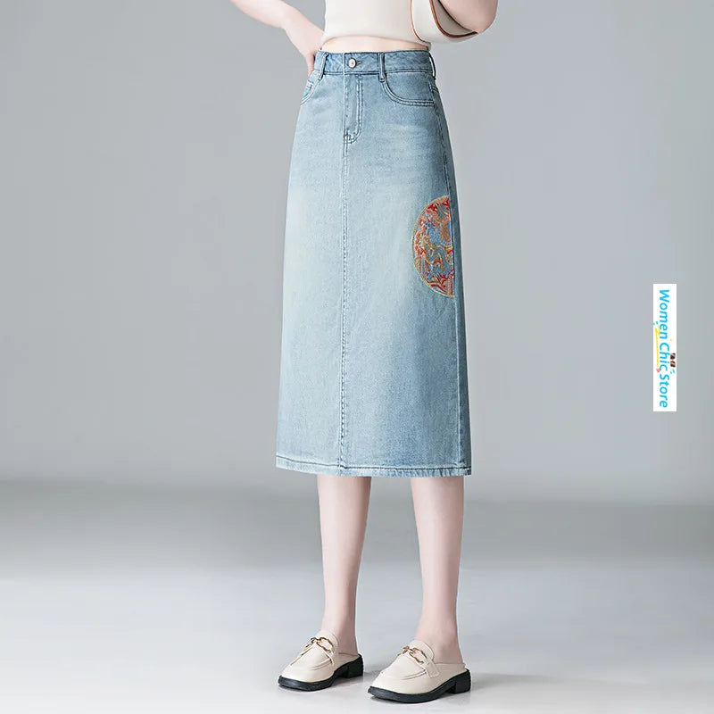 Embroidery High Waist A-line Denim Skirt  Women Elegant Chic Slim Fit Plus Size Midi Skirts