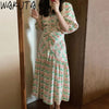 WAKUTA Lantern Short Sleeve Slim Maxi Dress Women Summer 2024 Floral Clothing Korean Style Sweet Elegant Shirring Slim Dresses