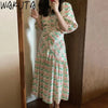 WAKUTA Lantern Short Sleeve Slim Maxi Dress Women Summer 2024 Floral Clothing Korean Style Sweet Elegant Shirring Slim Dresses