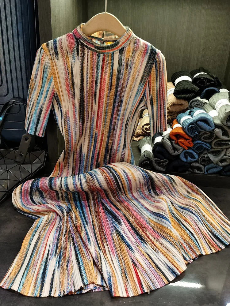 Miyake Colorful Striped Half-high Neck Short-sleeved Pleated Dress Loose Thin A-line Dress Women 2023 New Clothing