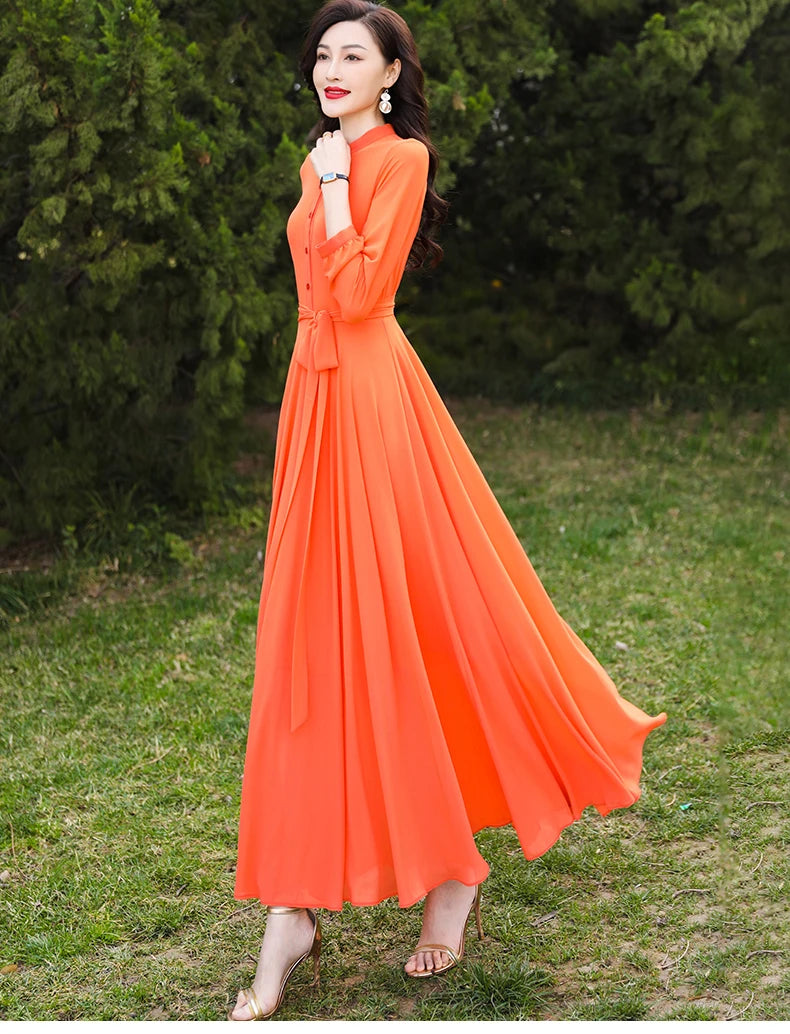 SD30 New High Quality Women's Summer  Orange Long Sleeve Chiffon  Maxi dress with full linning boho dress  dresses  women dress