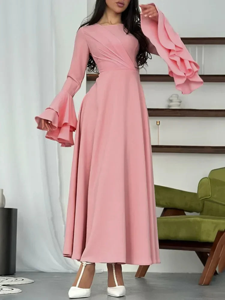 Bohohipei Female Fashion Lace-up Pleated A-line Dress New Spring Flared Sleeves Elegant Pink Party Evening Maxi Dresses