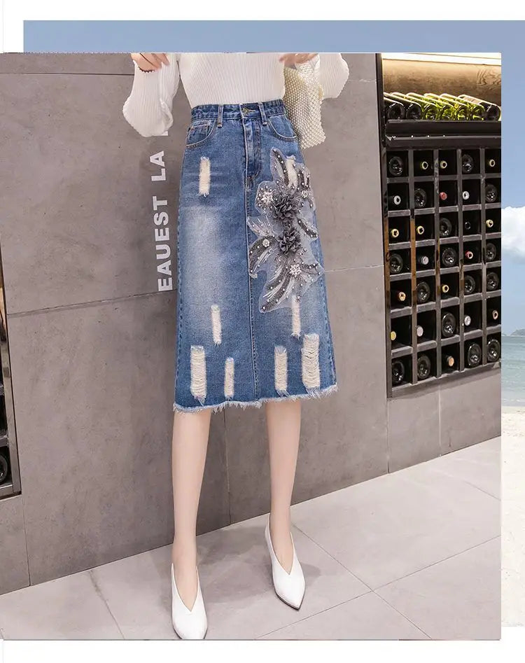 Female Fashion Mid-Length Ripped Embroidered Denim Skirt Women's Summer New High-Waisted A-Line Skirts Split Hip Skirts Q339