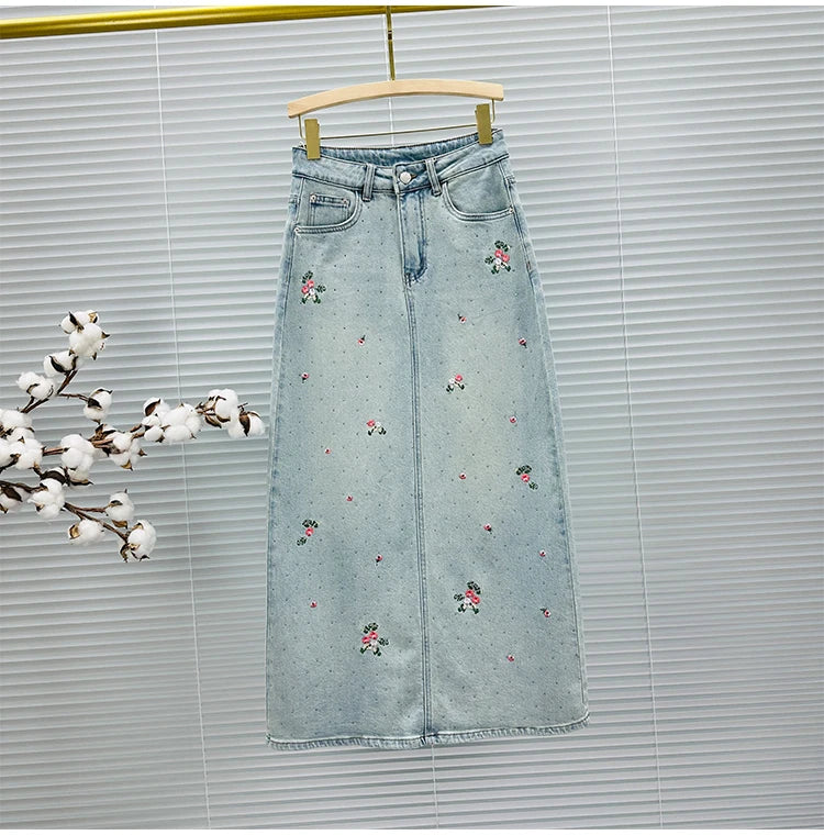 A- Line Embroidered Denim Skirt Women's 2024 Spring and Summer New High Waist All-Matching Split Rhinestone Midi Skirt