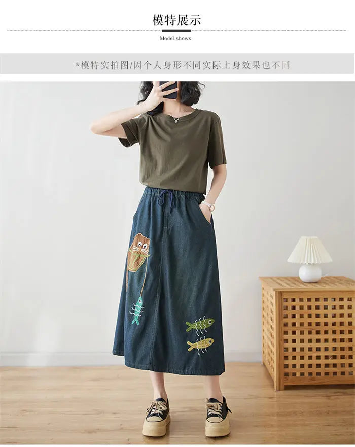 Versatile Retro Art Embroidery Denim Skirt 2024 Spring Summer Versatile Loose Casual A-Line Skirt For Women Jeans Saias K617