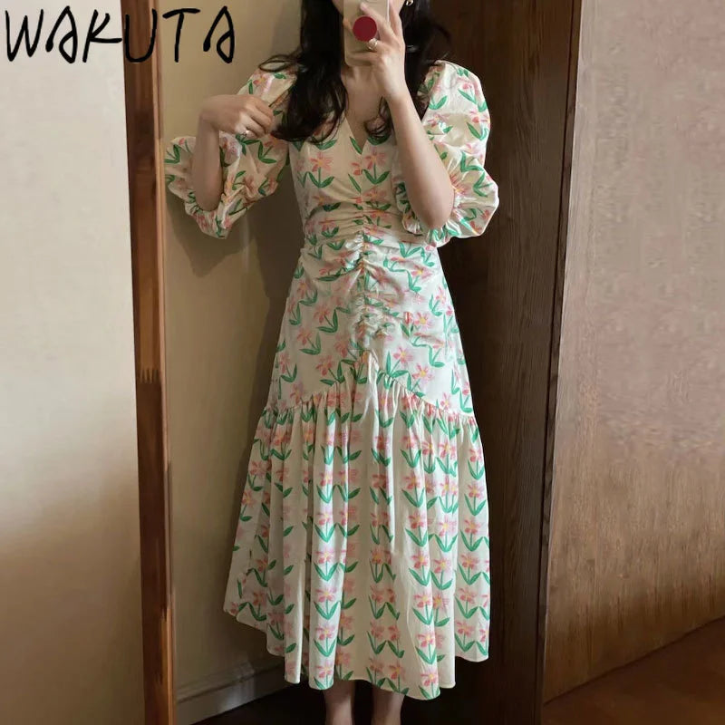 WAKUTA Lantern Short Sleeve Slim Maxi Dress Women Summer 2024 Floral Clothing Korean Style Sweet Elegant Shirring Slim Dresses