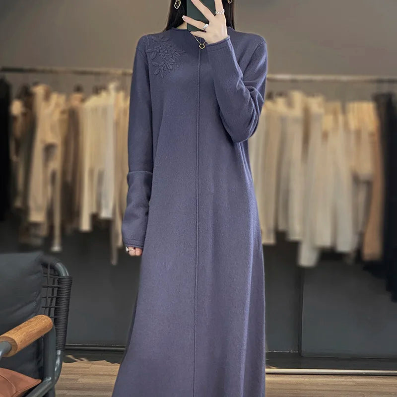 Women's Long Dresses 100% Cashmere and Wool Knit Jumpers, Lady Pullovers,