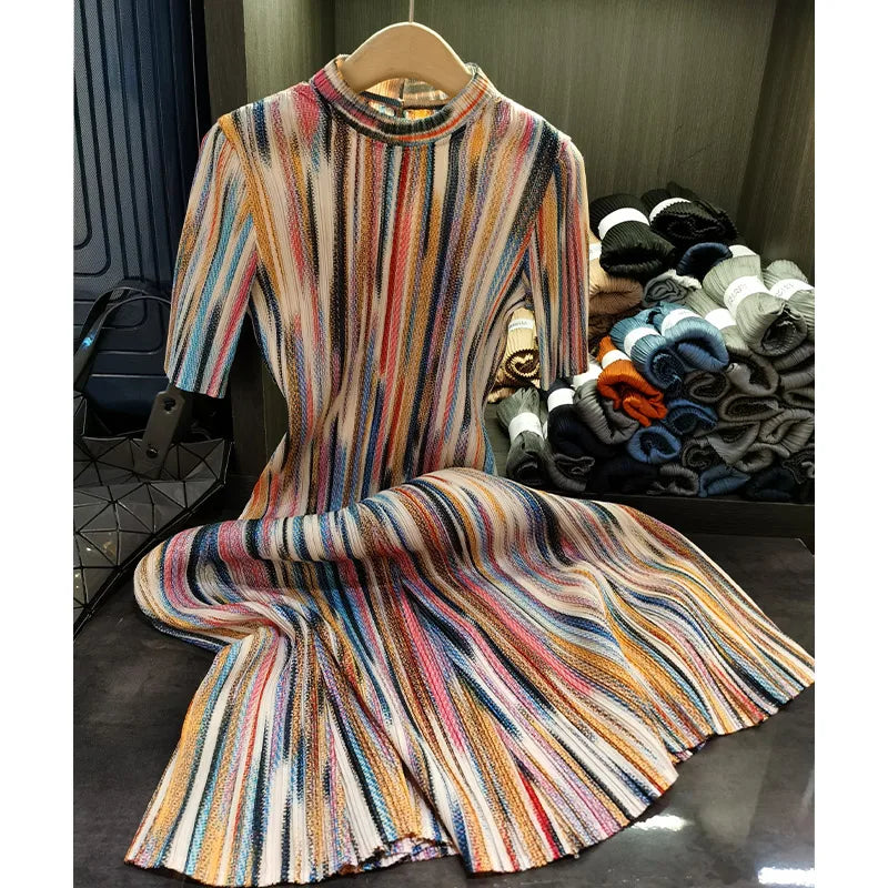 Miyake Colorful Striped Half-high Neck Short-sleeved Pleated Dress Loose Thin A-line Dress Women 2023 New Clothing