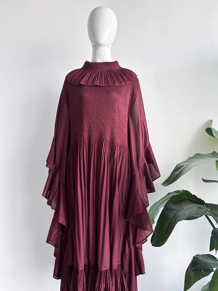 Miyake Pleated Spring Women's Long Irregular Dress Loose and Slim Solid Color Heavy Work Pleated Western Style Women's Dress