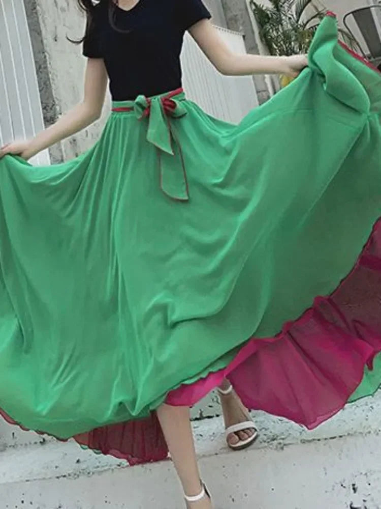 Women Chiffon Long Skirt A-Line Skirts Women Elastic High Waist Maxi Skirts Elegant Solid Skirts