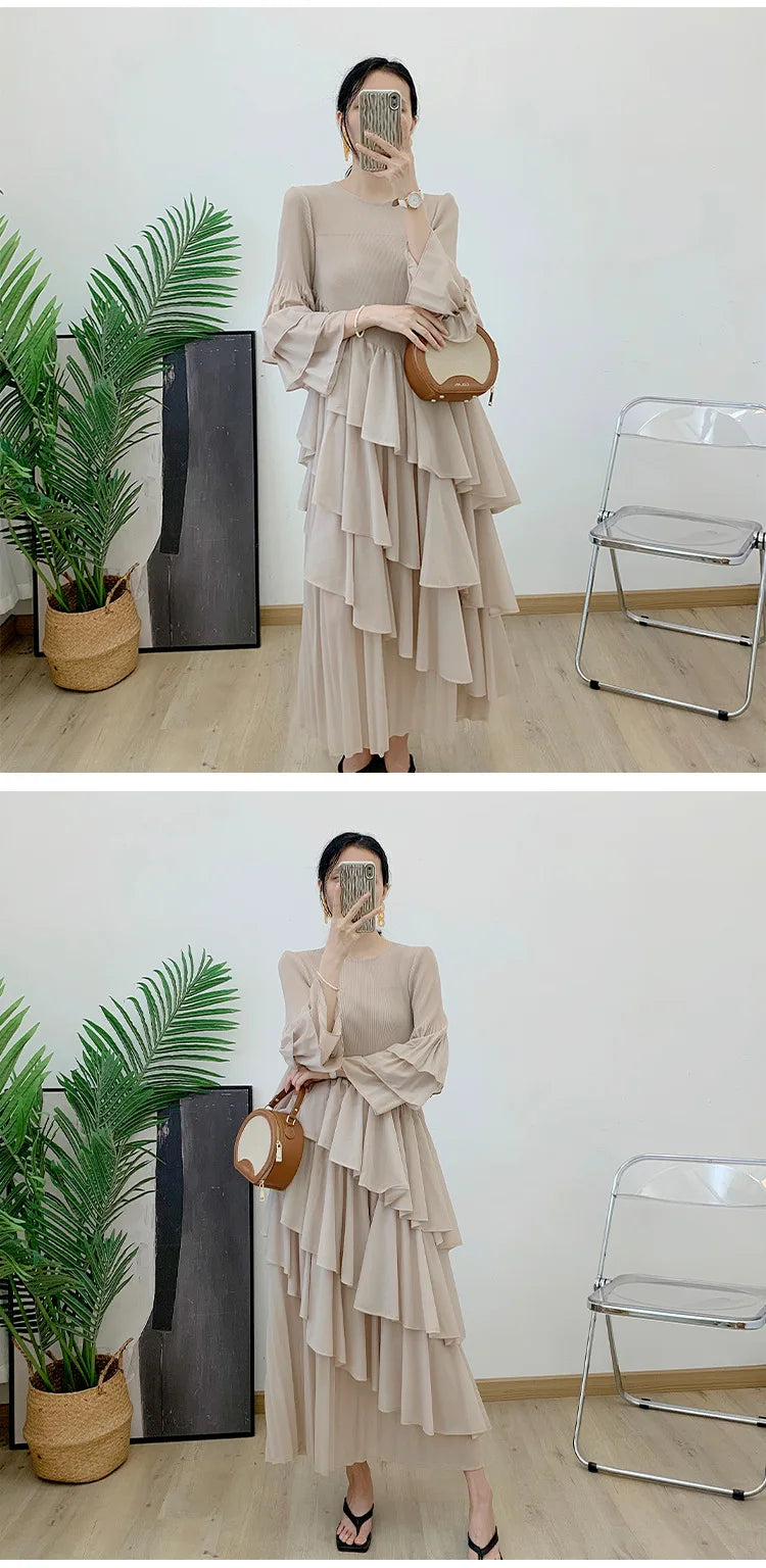 Miyake Spring 2024 Ruffles Pleated Dress Women Long Sleeves Fashion Solid Color High Waist Stitching Dresses Party Clothing New