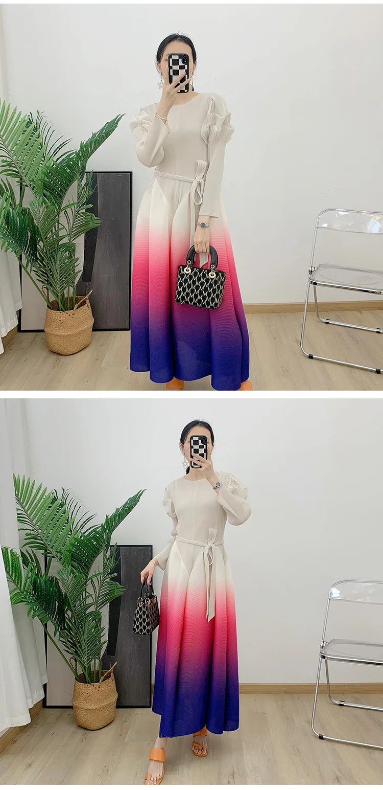 Gradient Pleated Dress For Women Long Sleeves Lantern Style Maxi Dresses 2024 Spring New Female Elegant Clothing 2DA4145