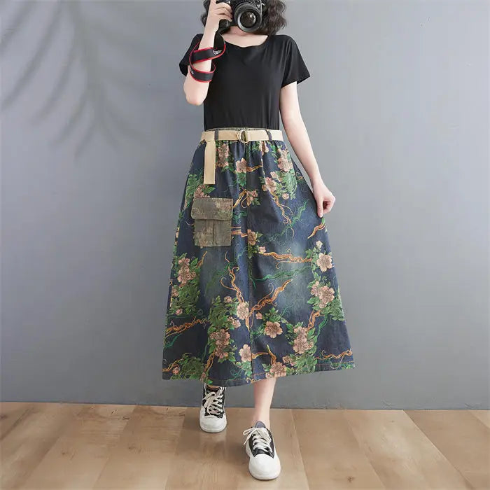 Large Pocket Print Washed Denim Skirt Spring Summer Women's High Waist Mid Length A-Line Jeans Saia Vintage Falda h686