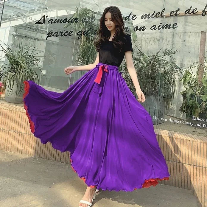 Women Chiffon Long Skirt A-Line Skirts Women Elastic High Waist Maxi Skirts Elegant Solid Skirts