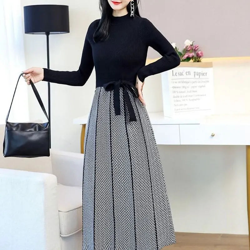 Vintage Spliced Knitted Midi Dress Autumn Winter Casual Half High Collar Female Clothing Elegant Waist Drawstring Bow Dresses