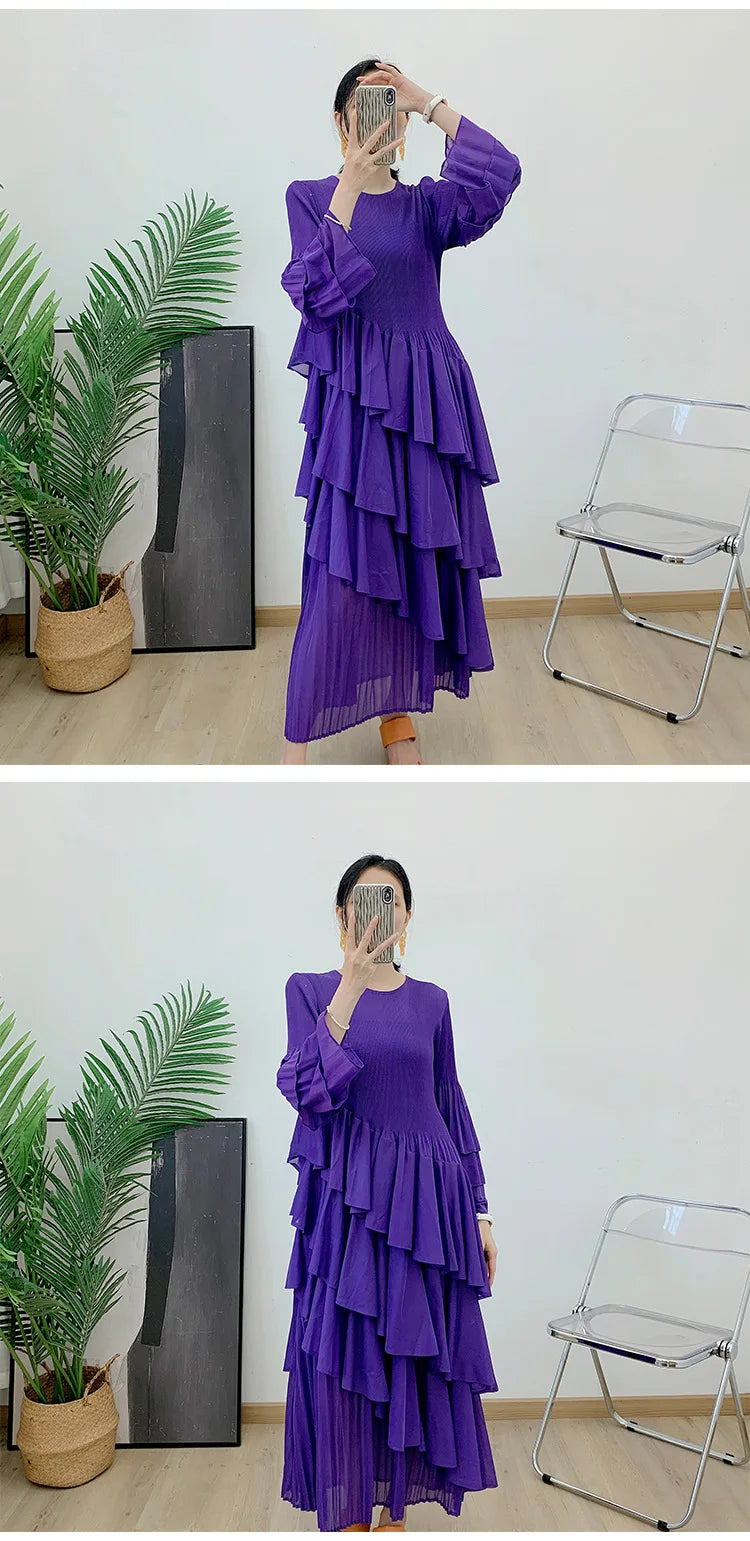 Miyake Spring 2024 Ruffles Pleated Dress Women Long Sleeves Fashion Solid Color High Waist Stitching Dresses Party Clothing New