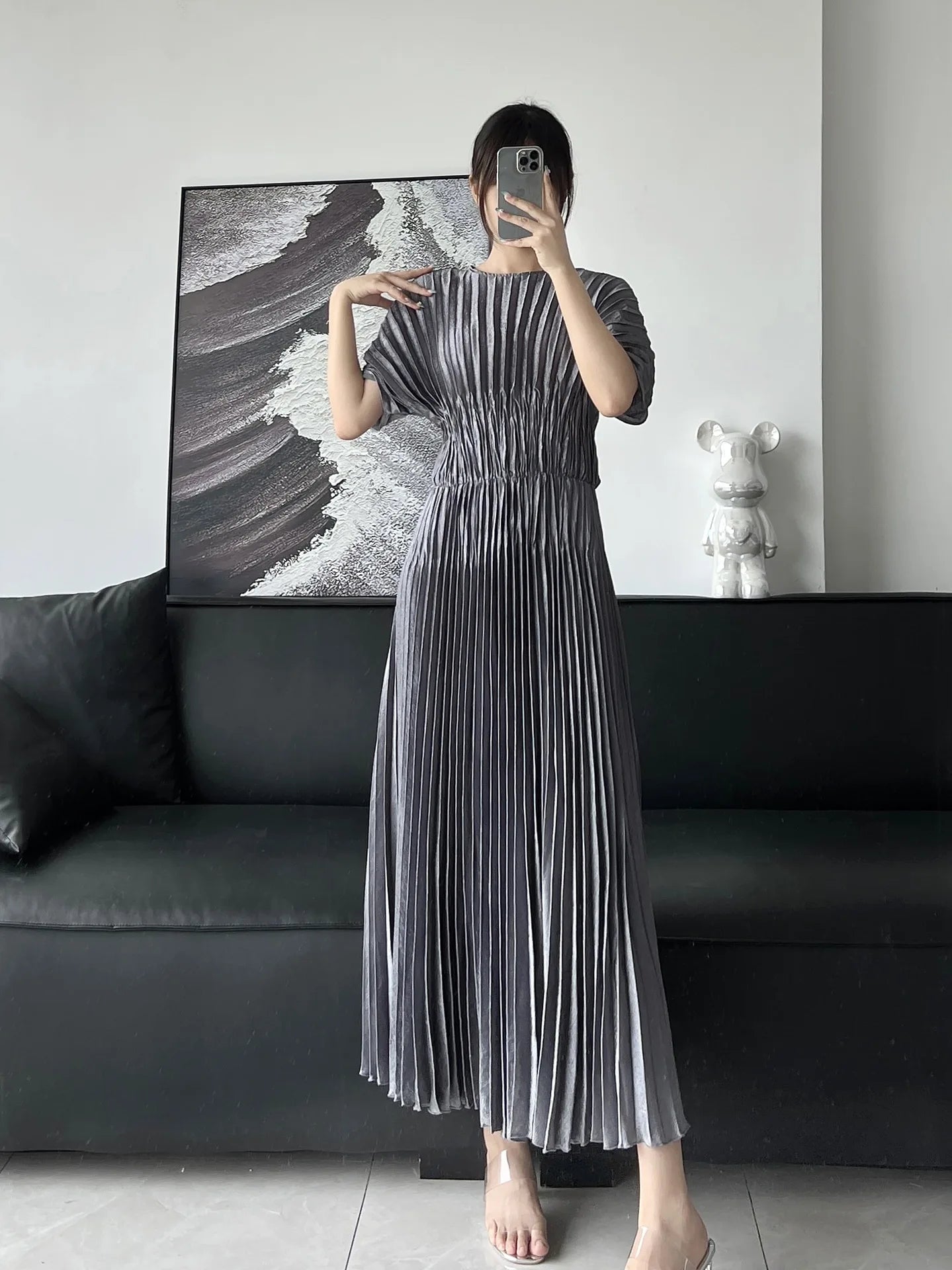 Pleated Butterfly Sleeve Solid Color Elegant Slim Women's Dress Printed Fashion Temperament Dress 2024 Summer New