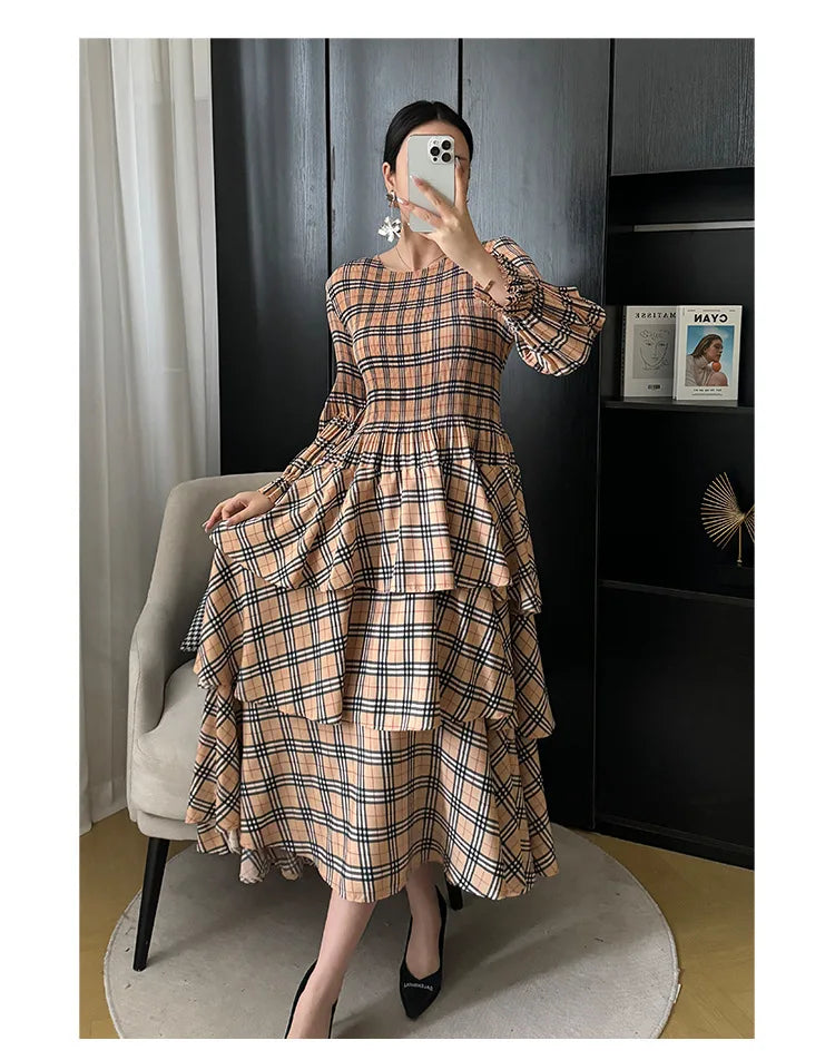 Miyake Plaid Print Dress Women's Spring and Summe  2024 New Loose Fashion Pleated Skirt Pressed Pleated A-line Foreign Dresses