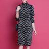 Women Fashion Elegant Striped Fleece Thick Basic Midi Dress Casual Half High Collar Long Sleeve Loose Dresses