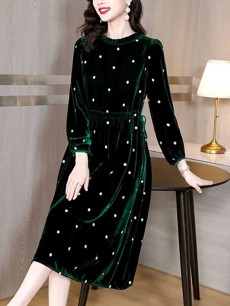 Women Green Polka Dot Velvet Midi Dress Autumn Winter Thick Warm Elegant Casual Dress