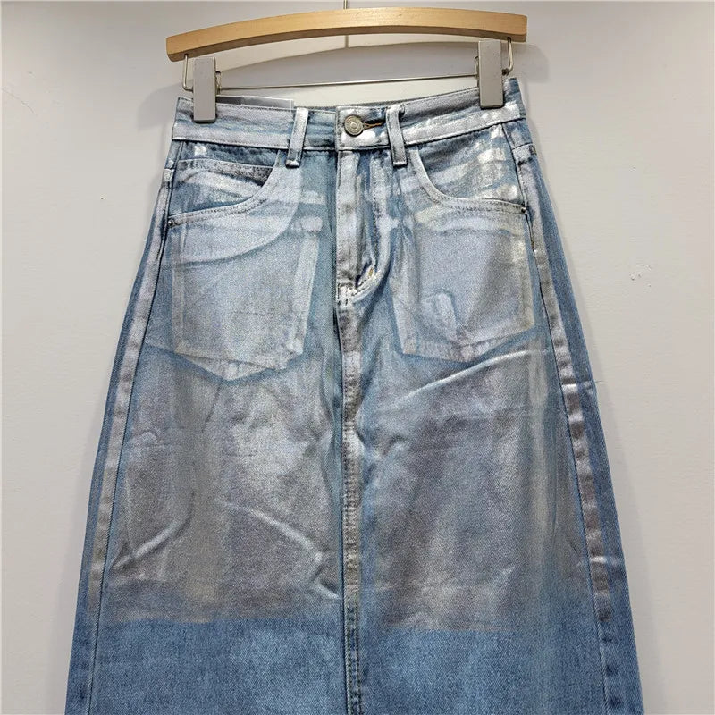 SuperAen Europe Fall 2024 New Heavy Industries Painted Gold Skirt Denim Skirt for Women