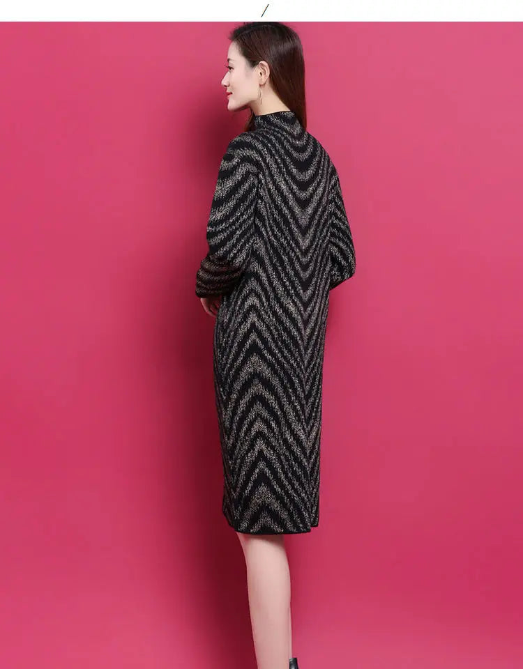 Women Fashion Elegant Striped Fleece Thick Basic Midi Dress Casual Half High Collar Long Sleeve Loose Dresses