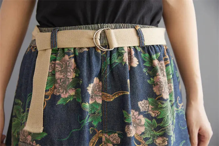 Large Pocket Print Washed Denim Skirt Spring Summer Women's High Waist Mid Length A-Line Jeans Saia Vintage Falda h686