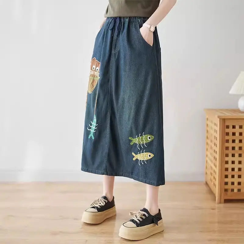 Versatile Retro Art Embroidery Denim Skirt 2024 Spring Summer Versatile Loose Casual A-Line Skirt For Women Jeans Saias K617