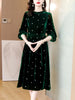 Women Green Polka Dot Velvet Midi Dress Autumn Winter Thick Warm Elegant Casual Dress