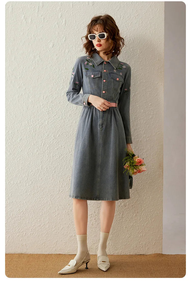 LOUIS YAO Women Denim Skirt Embroider Dress 2023 Autumn Polo Neck Sweet Half-placket Washed Denim Mid-length Skirt for Women