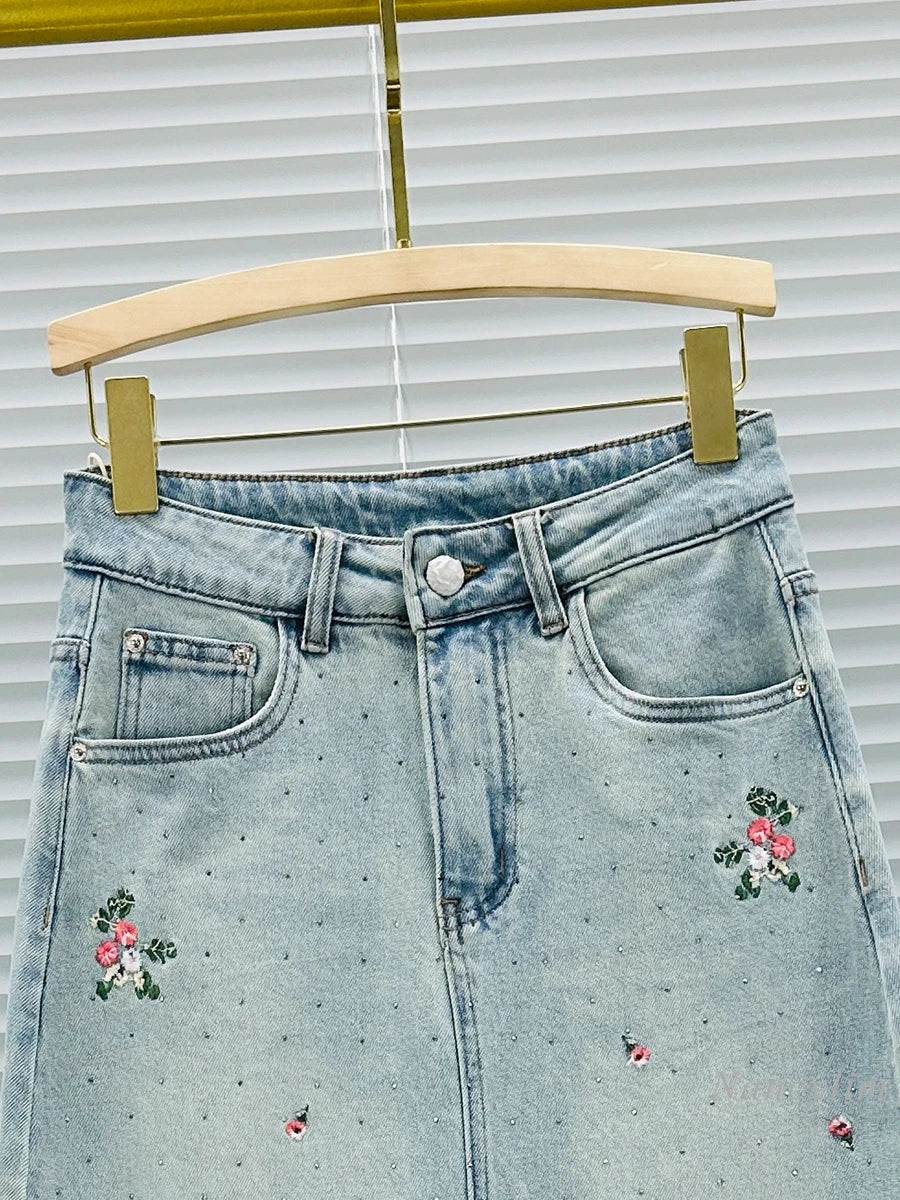 A- Line Embroidered Denim Skirt Women's 2024 Spring and Summer New High Waist All-Matching Split Rhinestone Midi Skirt