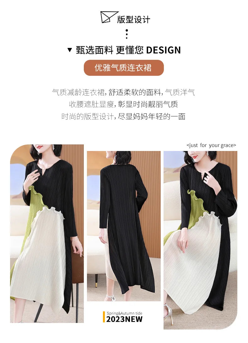 Miyake Style Pleated Dress for Women 2023 Autumn Fashion Stitching V-neck Loose Plus Size Casual A- Line Luxury Evening Dresses