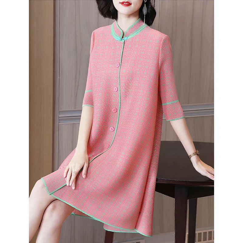 spring summer stand collar simple fashion pleated mini dress female 3/4 sleeve elegant robe women temperament buttons vestidos