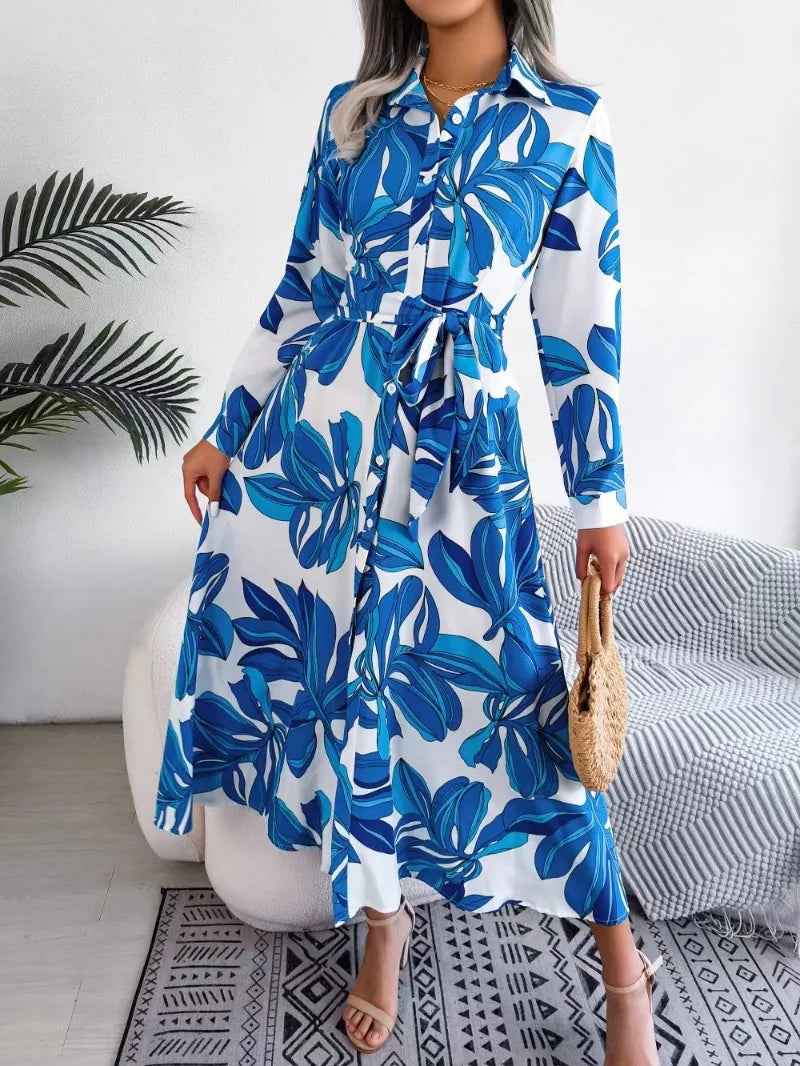 Elegant Women Print Maxi Dress Long Sleeve Lace-up A-line Clothing Autumn Winter Casual Office Lady Floral Dresses