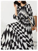 Pleated Maxi Long Dress Fashion Printed Long Sleeved O-Neck Pullover Waist Retraction Dresses for Women