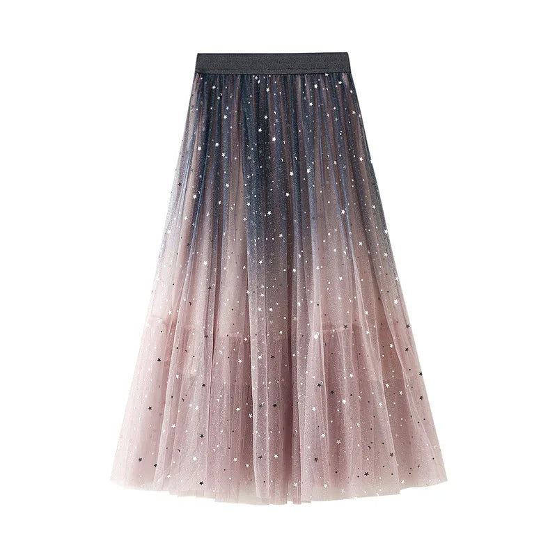 Sweet Embroidered Pleate Tulle Skirt 2024 New Women Spring Summer A-Line Long Skirts High Waist Sequined Planets Mesh Maxi Skirt