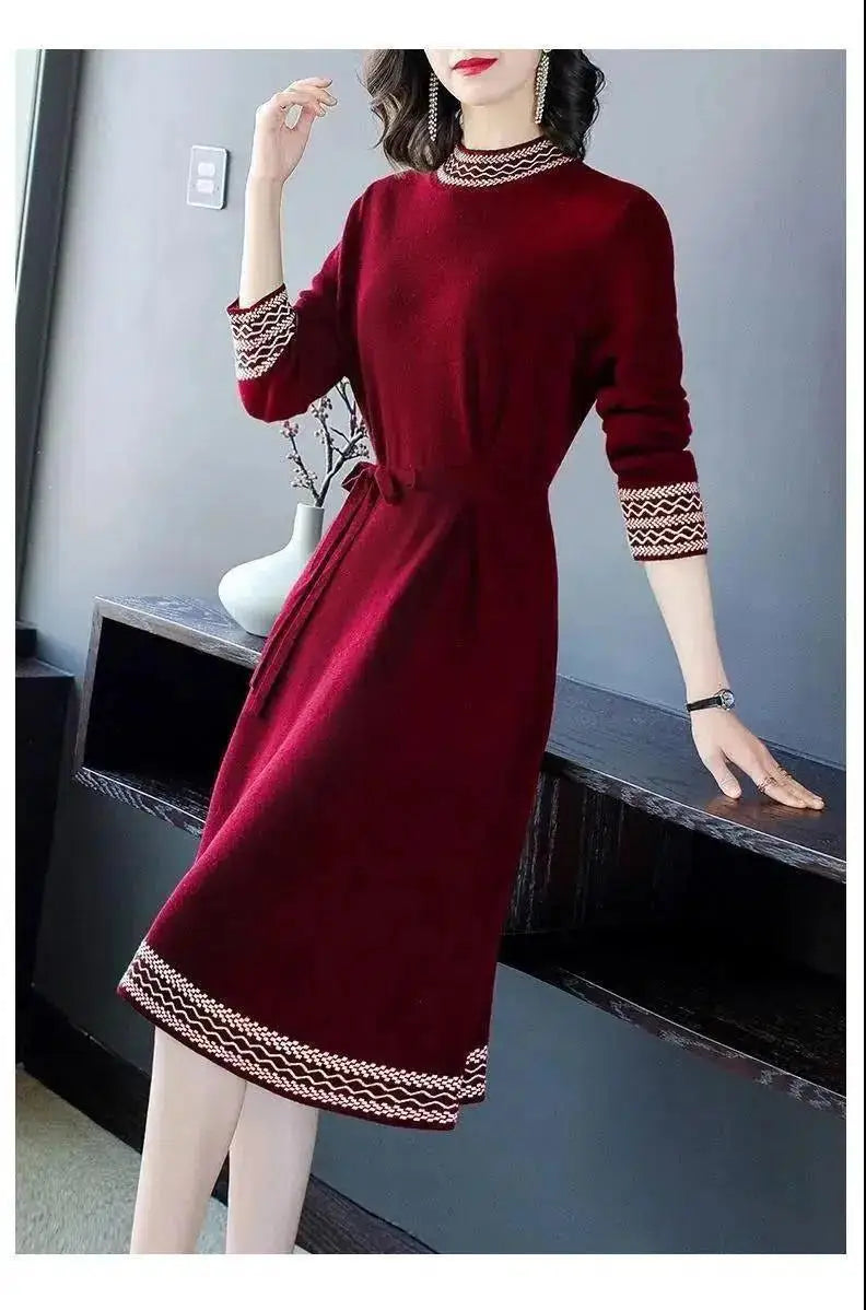 2024 New Year Red Fleece Lace Up Elegant Party Dresses for Women Winter Fashion Patchwork Long Sleeve Midi Dress Slim Vestidos