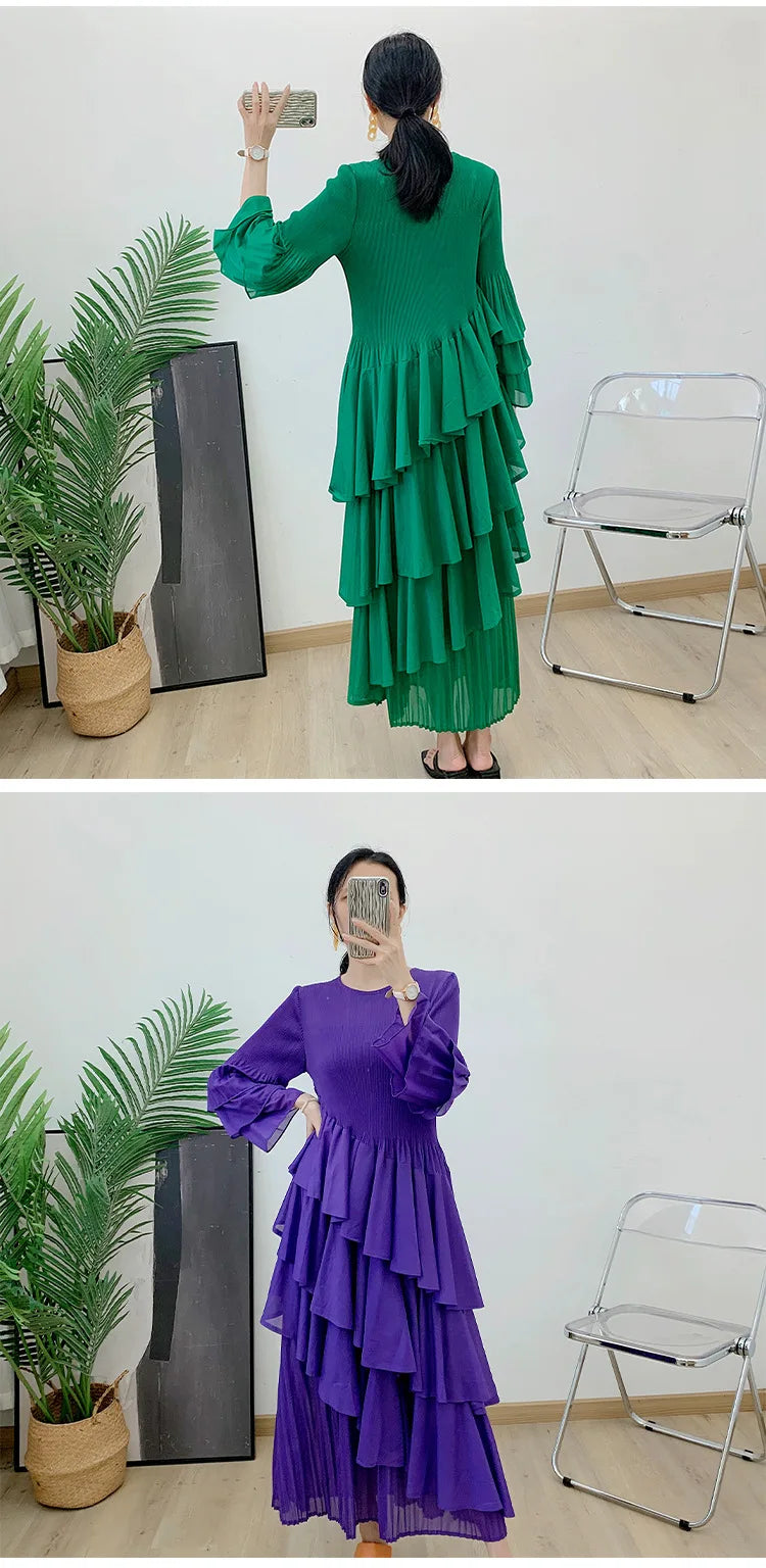 Miyake Spring 2024 Ruffles Pleated Dress Women Long Sleeves Fashion Solid Color High Waist Stitching Dresses Party Clothing New