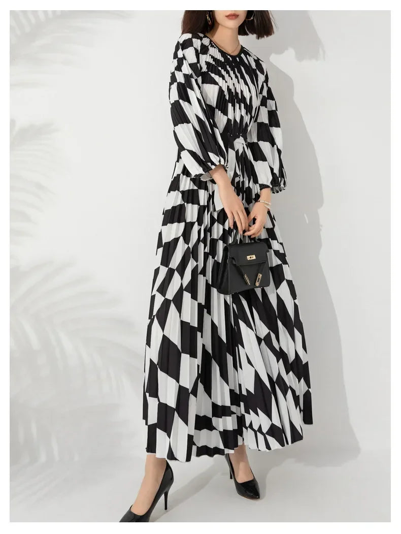 Pleated Maxi Long Dress Fashion Printed Long Sleeved O-Neck Pullover Waist Retraction Dresses for Women