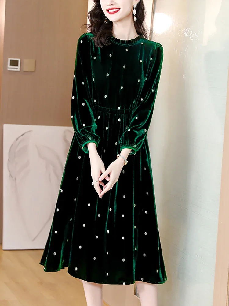 Women Green Polka Dot Velvet Midi Dress Autumn Winter Thick Warm Elegant Casual Dress