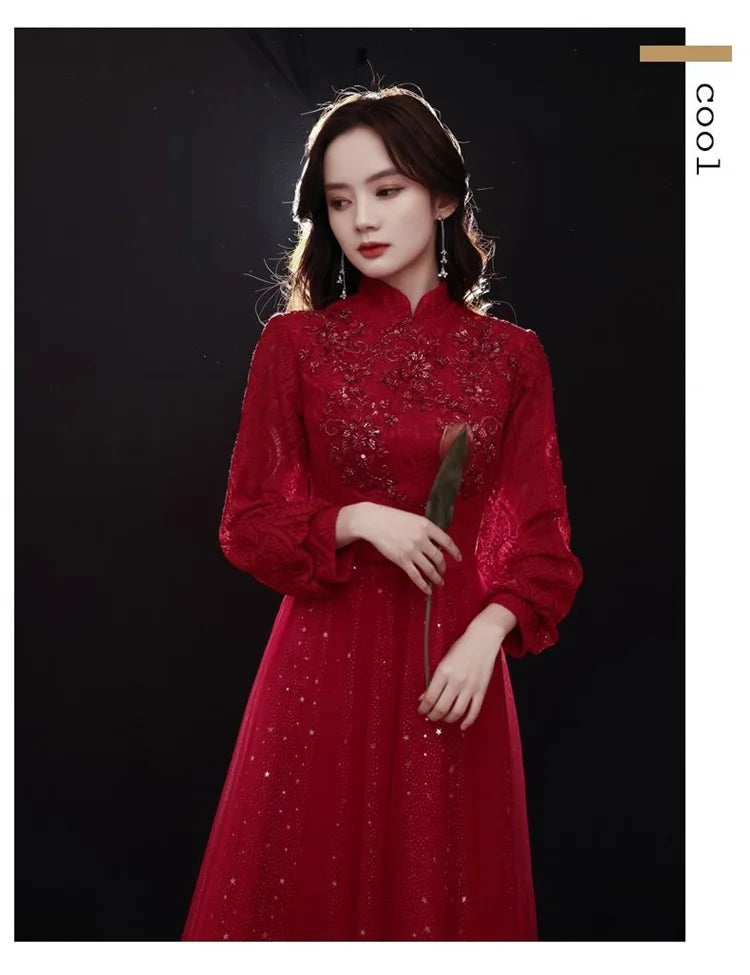 Wine Red Dress Women Spring Autumn New Solid Color Stand Collar Applique Sequins Long Sleeve A-line Skirt Female Clothing M271