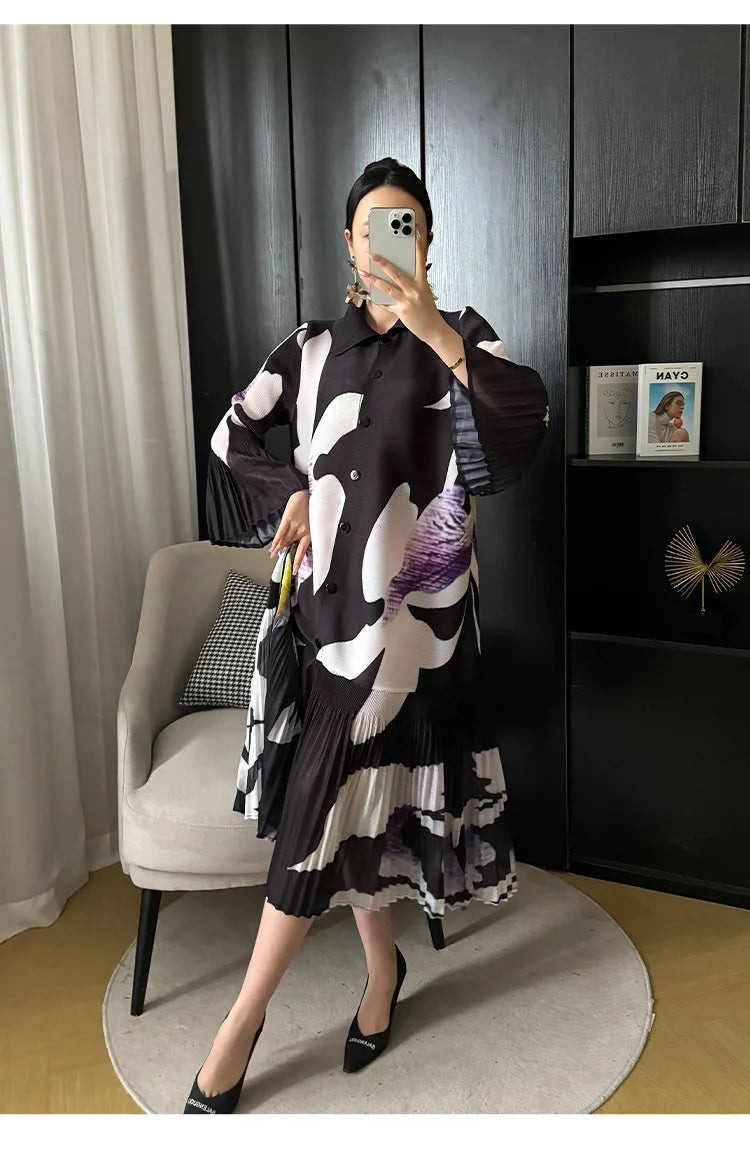 Miyake Pleated Breasted Cardigan 2024 Spring New Women's Printed Lapel and Flower Bud Sleeves Summer Women's Mid Length Dress