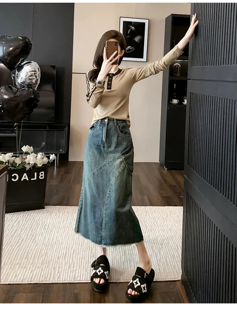 Women's jeans skirt No Elastic High Waist Frayed Raw hem A-Line Maxi Denim Skirt with Pockets patchwork midi A-line Mermaid