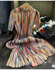 Miyake Colorful Striped Half-high Neck Short-sleeved Pleated Dress Loose Thin A-line Dress Women 2023 New Clothing