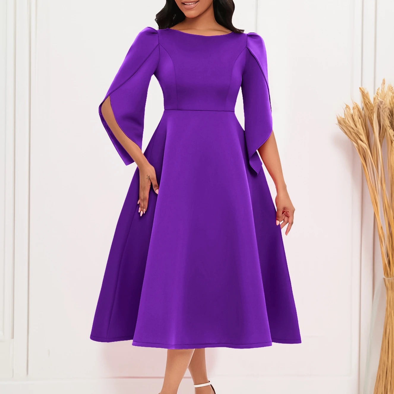 Elegant Ruffle Maxi Dress Women Solid O Neck High Waist 3/4 Sleeve Party Wedding Cocktail Long Dresses