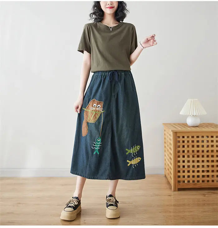 Versatile Retro Art Embroidery Denim Skirt 2024 Spring Summer Versatile Loose Casual A-Line Skirt For Women Jeans Saias K617