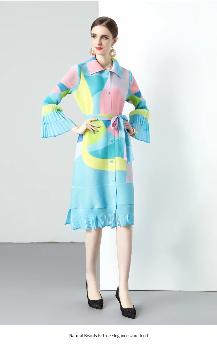 Miyake Pleated Laminated Flared Sleeve Ruffle Edge Geometric Printing Long Trench Coat Skirt Women's Long-sleeved Cardigan Dress