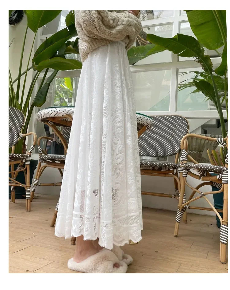 Vintage Women's Lace Crochet Umbrella Long Skirts Bohemian High Waist Hollow Out Female Maxi Skirts Spring Summer