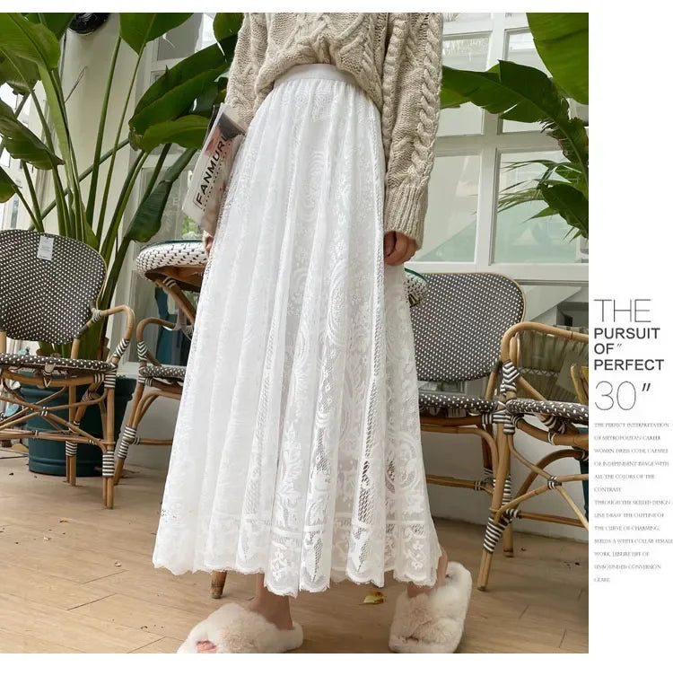 Vintage Women's Lace Crochet Umbrella Long Skirts Bohemian High Waist Hollow Out Female Maxi Skirts Spring Summer